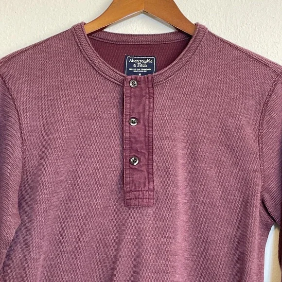 Abercrombie & Fitch Shirt Mens Medium Red Waffle Knit Thermal Henley Comfy Casua - Picture 2 of 11